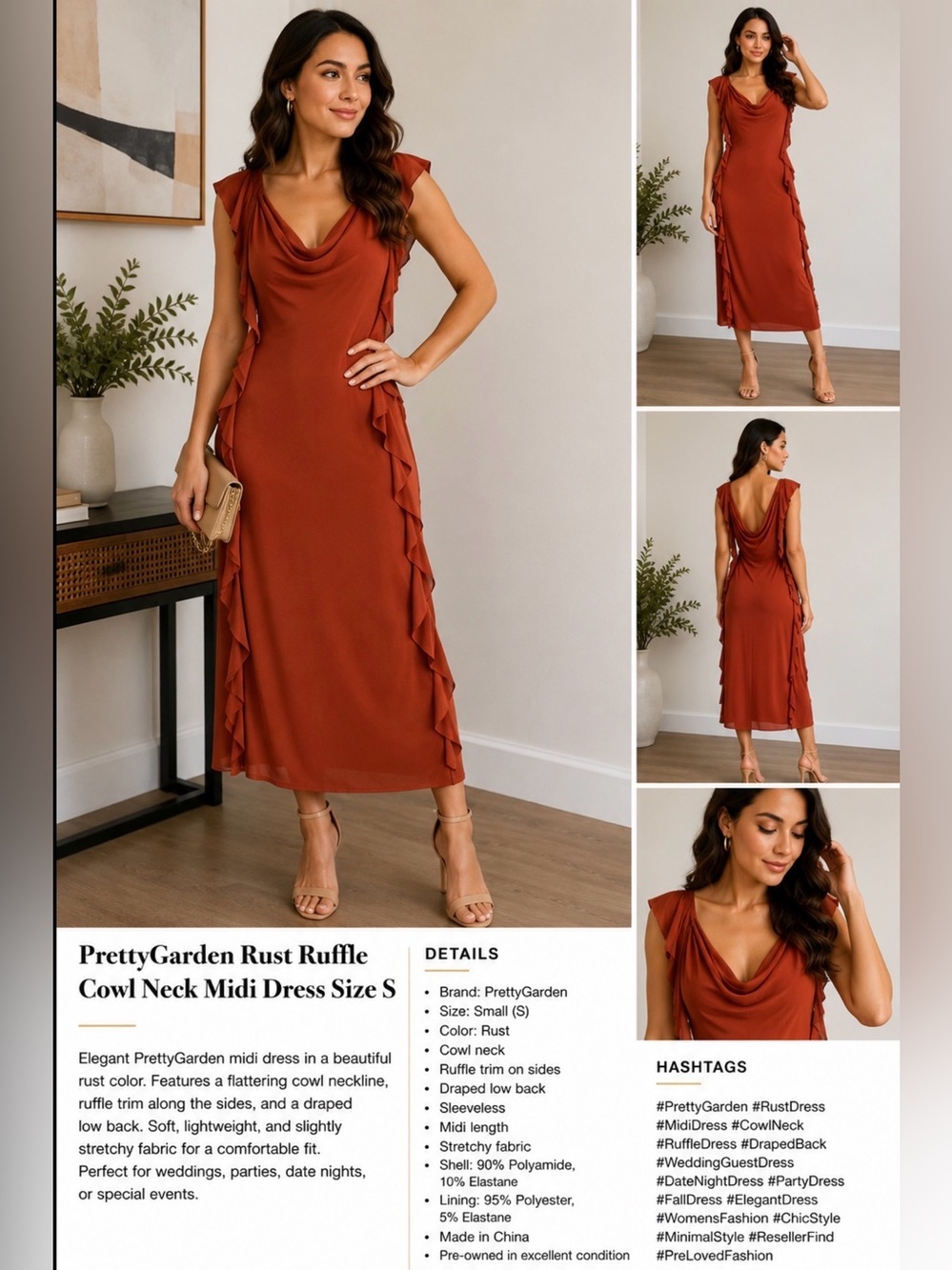 PrettyGarden Rust Cowl Neck Ruffle Midi Dress Sleeveless Size S